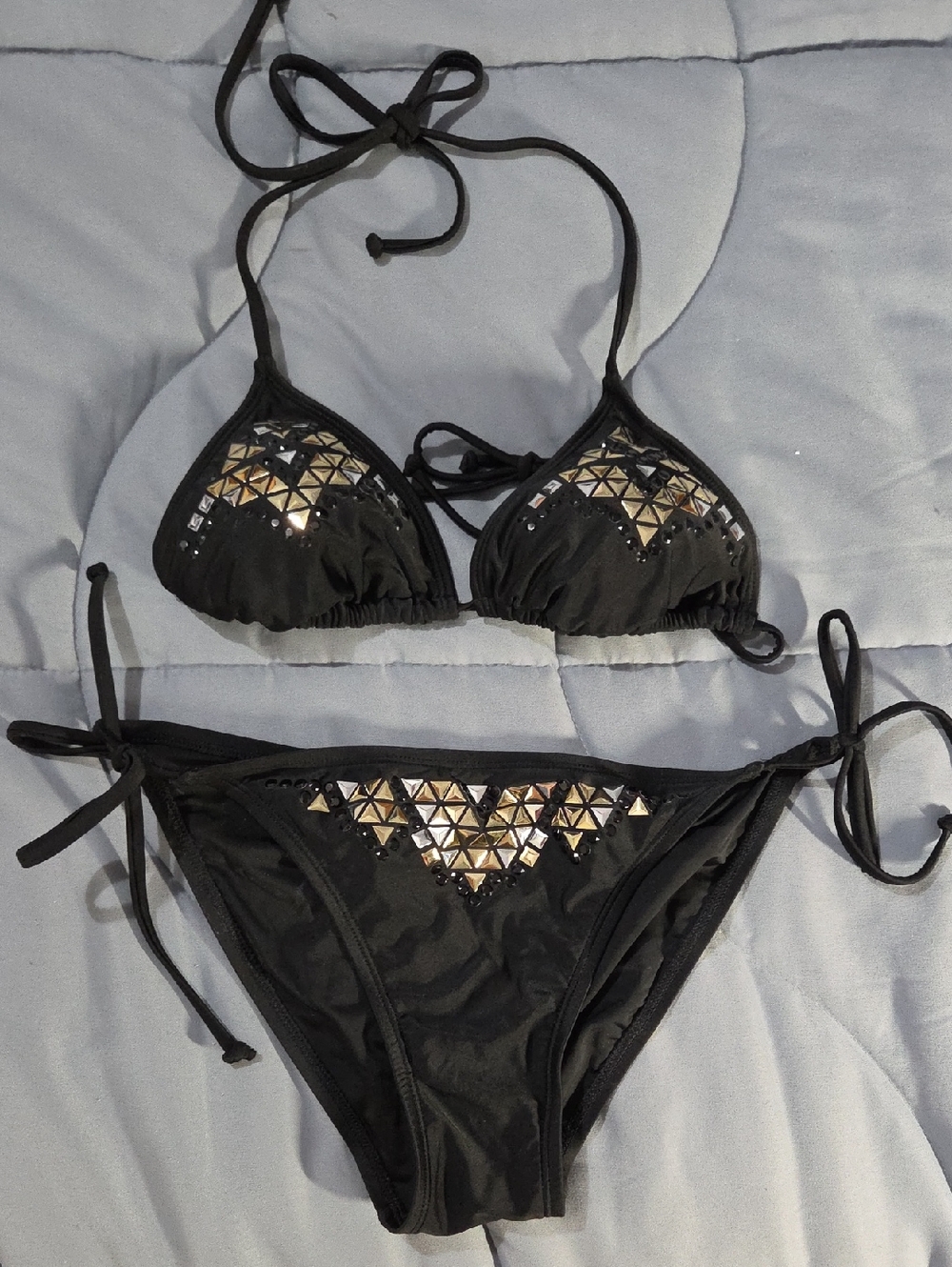 Black Triangle Bikini Set with Gold Pyramid Accents Small